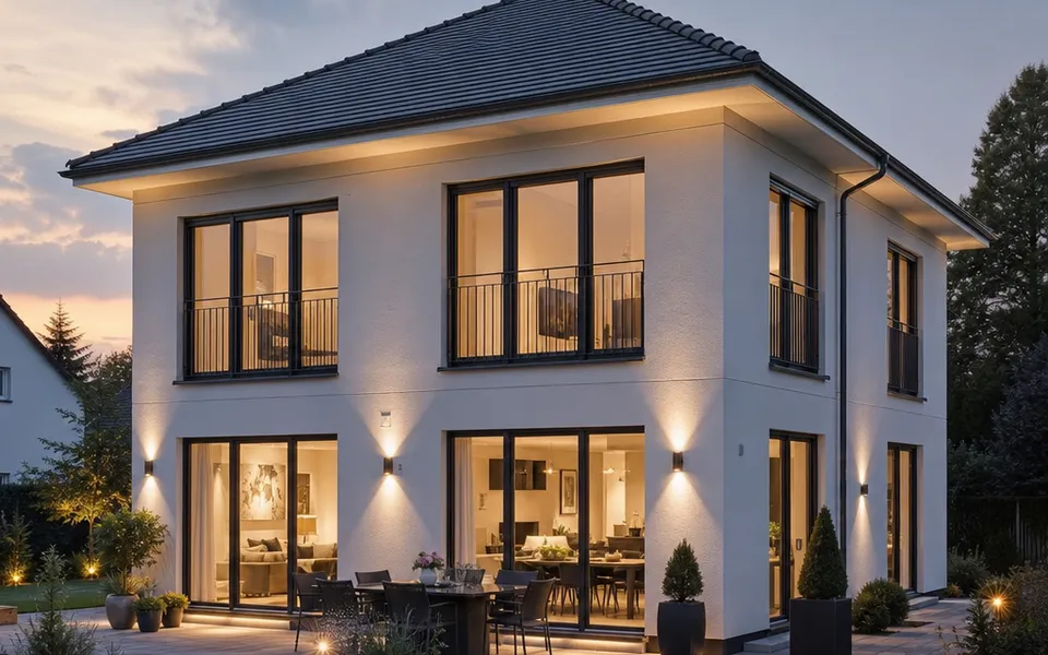Repräsentative Stadtvilla mit Walmdach, zwei Vollgeschossen und großzügigen Fensterfronten in der Dämmerung – Preise 2026 Repräsentative Stadtvilla mit Walmdach, zwei Vollgeschossen und großzügigen Fensterfronten in der Dämmerung – Preise 2026